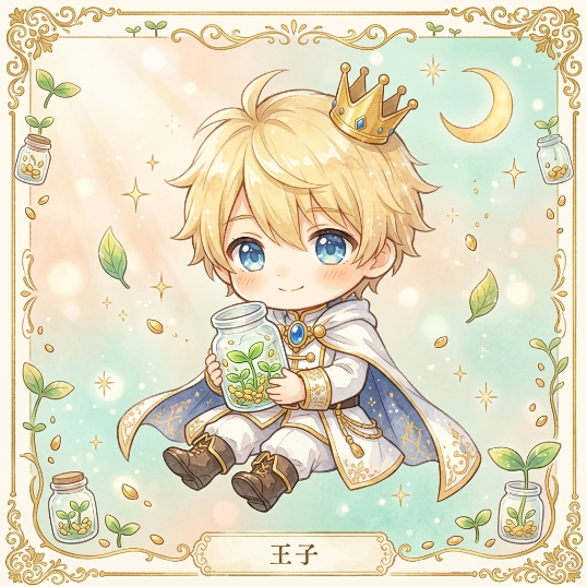 小さな王子が芽の入った小瓶を抱えている絵